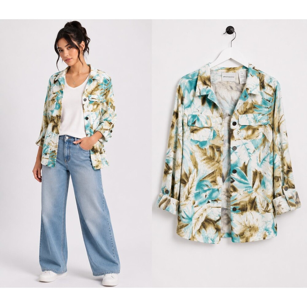 Alfred Dunner Button up Shirt Jacket Size 18 Aqua Brown Floral Linen Blend